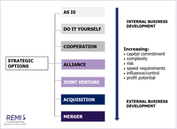M&A strategier: oppkjøp, fusjoner, salg av virksomhet - strategiske allianser og joint venture samarbeid (les om M&A oppkjøpsprosesser og M&A salgsprosesser).